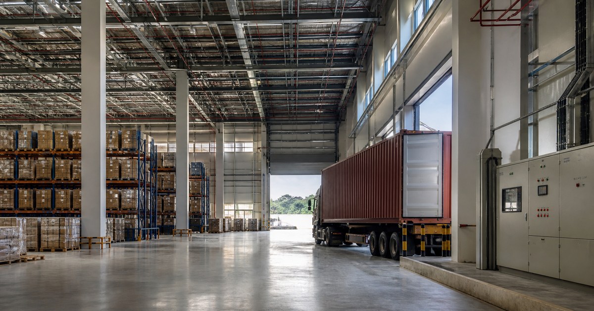 High-bay warehouse interior showing racking, loading access and electrical equipment