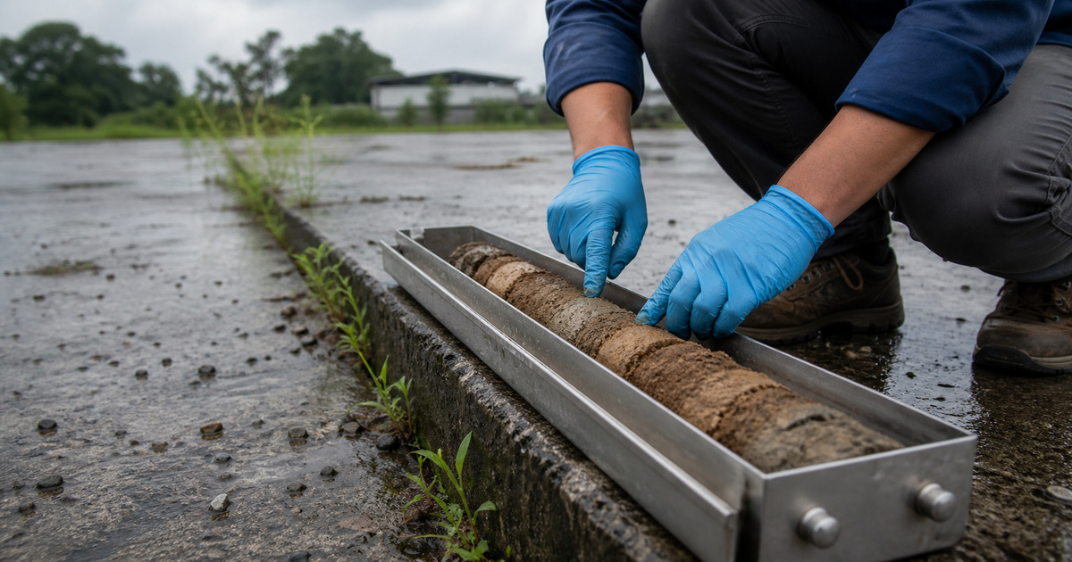 Environmental scientist examining a soil core beside an older industrial hardstanding