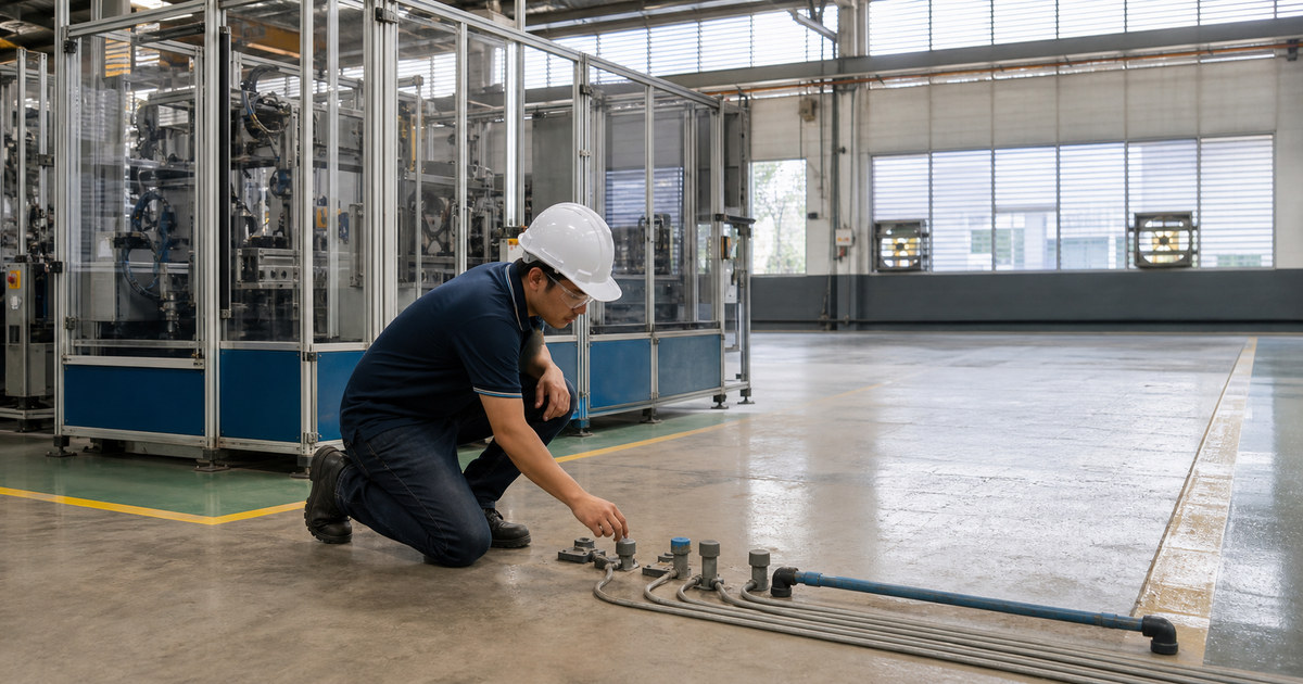 Engineer checking capped utility interfaces beside a factory expansion bay