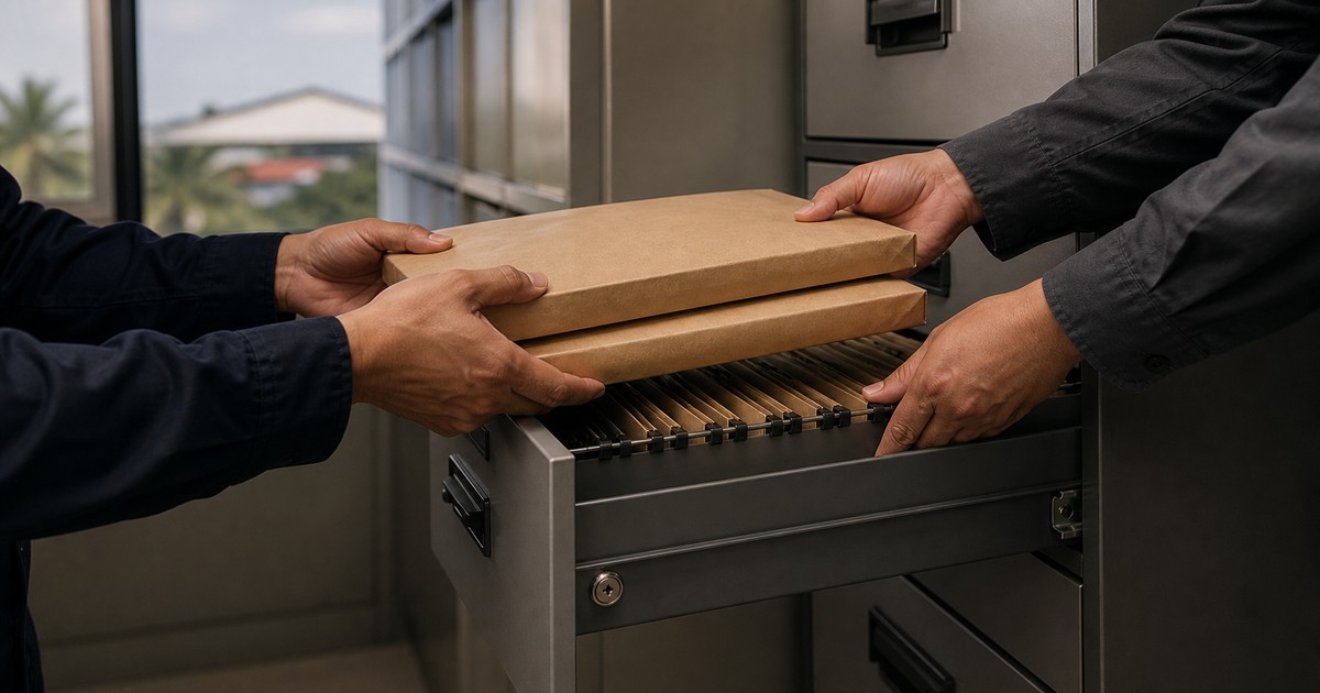 Sealed industrial lease records being handed into a locked archive drawer
