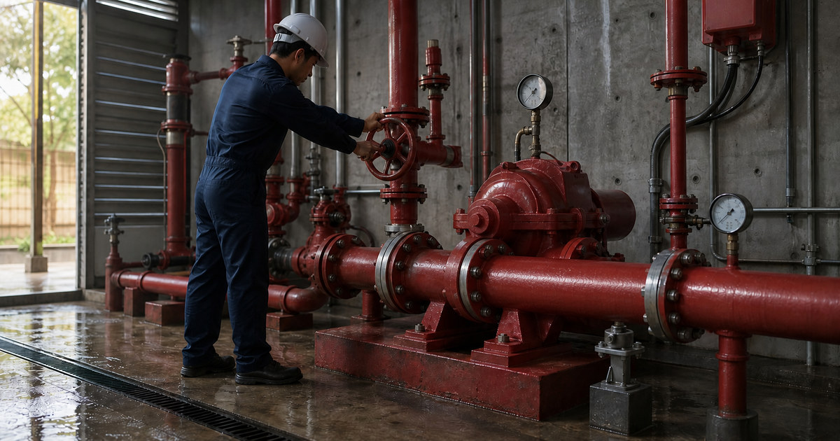 Technician operating an unmarked valve during a warehouse fire-pump flow test