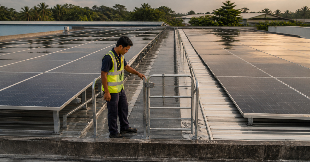 Facilities engineer checking a rooftop solar maintenance gate on a Selangor factory