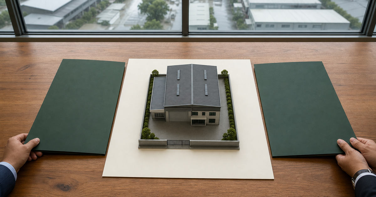 Overhead view of a factory scale model and blank acquisition folders on a professional table