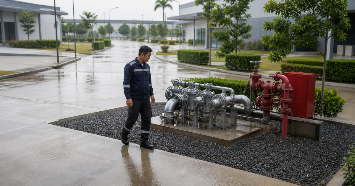 Facilities manager inspecting shared utility and fire-water equipment in a Selangor industrial park