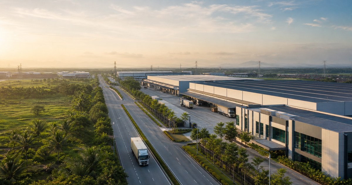 Aerial view of a modern manufacturing park with expansion land in southern Selangor
