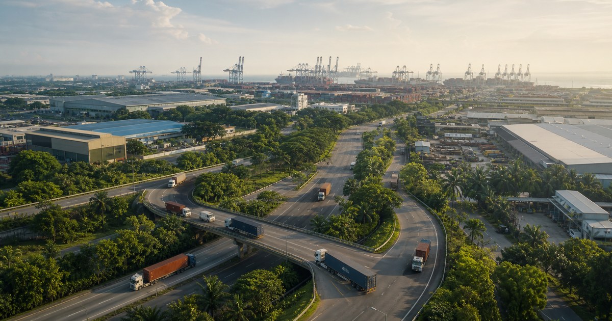 Container trucks moving through a port-linked industrial corridor between Telok Gong, Kapar and Bukit Raja